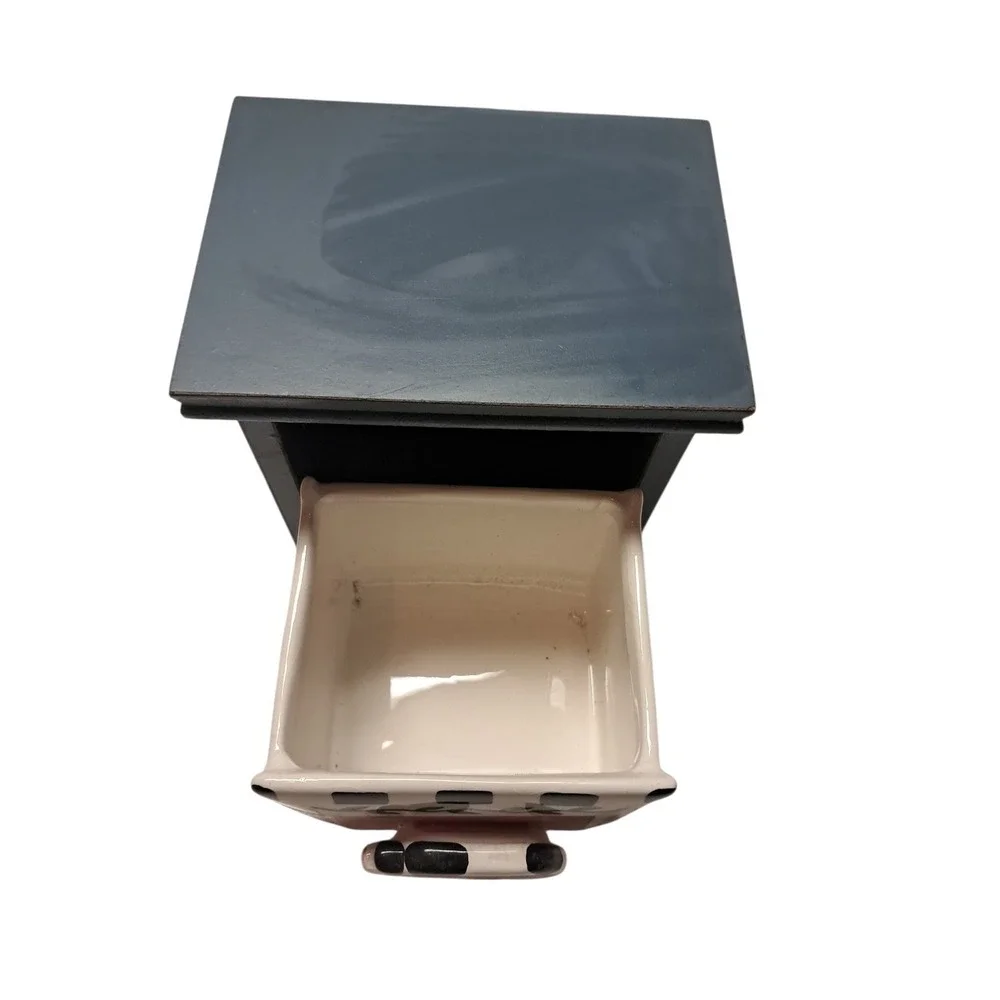 Wooden Spice Or Condiment Box w/Ceramic Cow Drawer Organizer Storage Cottagecore